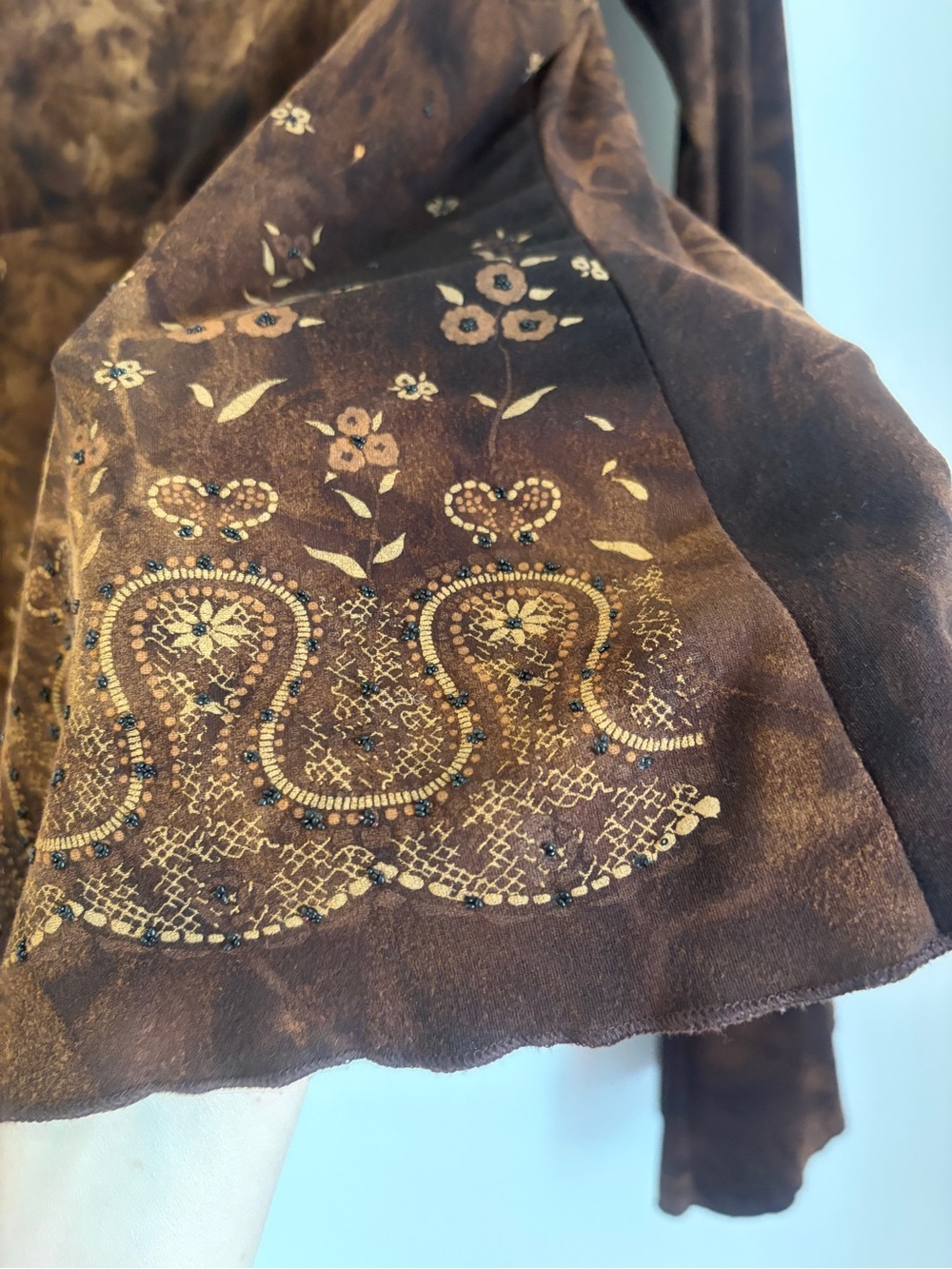 Y2K Brown Floral Embroidered Bell Sleeve Long Sleeve Top - Picture 13 of 14